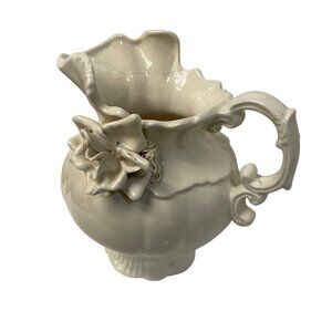 Vintage Ivory Ceramic Pitcher With Floral Accent Ornate Handle 8" x‎ 8" Read